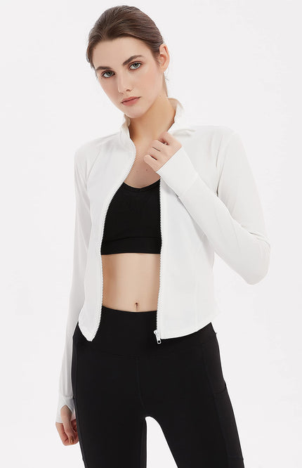 White Gihuo Women's Athletic Workout Jacket, front view on model, image 2