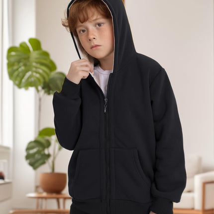Black Gihuo Unisex Kids Sherpa Lined Zip Up Hoodie, front view on model