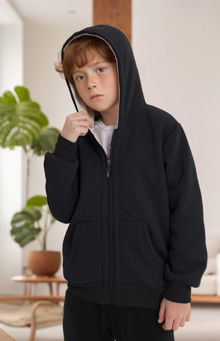 Black Gihuo Unisex Kids Sherpa Lined Zip Up Hoodie, front view on model