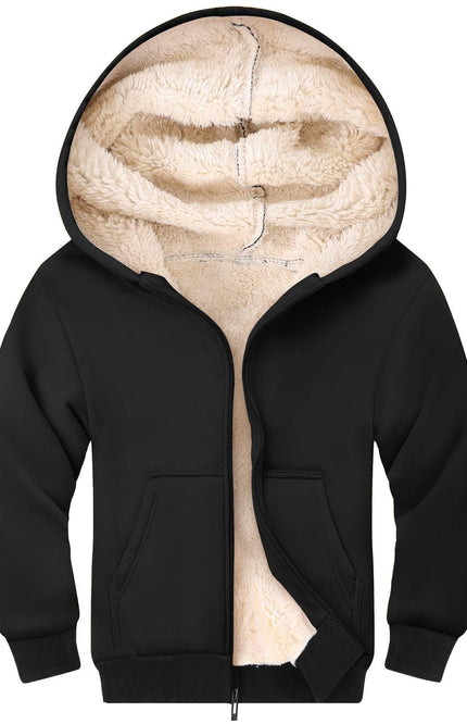 Black Gihuo Unisex Kids Sherpa Lined Zip Up Hoodie, front view, flat lay