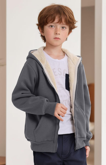 Dark Grey Gihuo Unisex Kids Sherpa Lined Zip Up Hoodie, front view on model