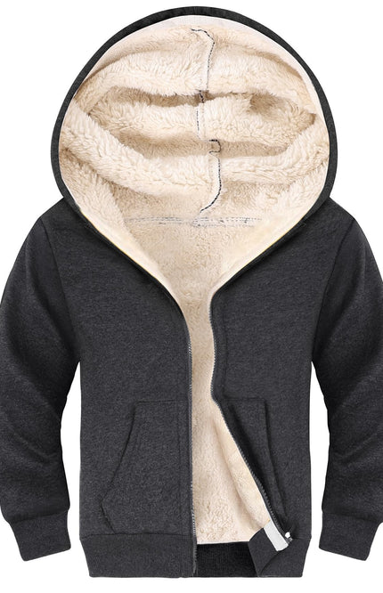 Dark Grey Gihuo Unisex Kids Sherpa Lined Zip Up Hoodie, front view, flat lay