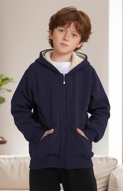 Navy Gihuo Unisex Kids Sherpa Lined Zip Up Hoodie, front view on model