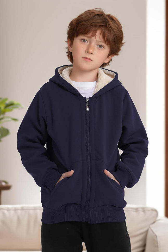 Navy Gihuo Unisex Kids Sherpa Lined Zip Up Hoodie, front view on model