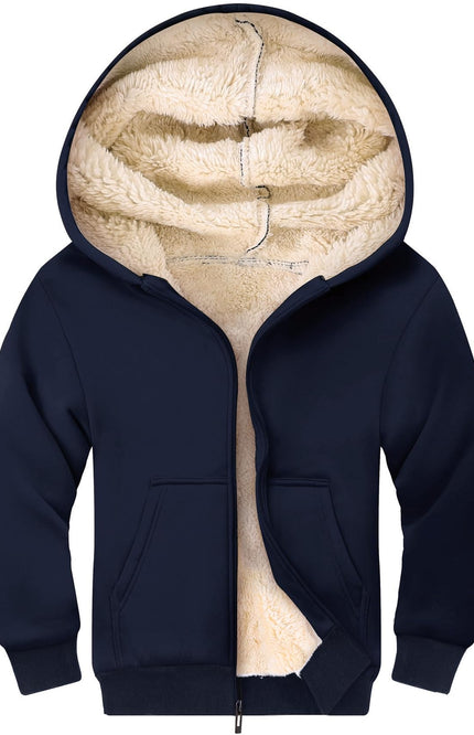 Navy Gihuo Unisex Kids Sherpa Lined Zip Up Hoodie, front view, flat lay