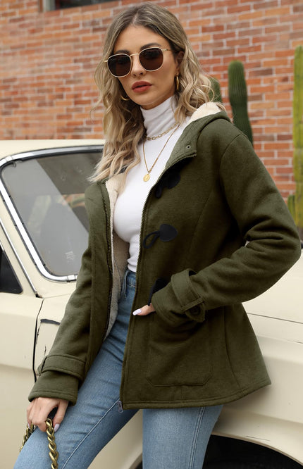 Army Green Gihuo Women's Sherpa Lined Jacket, side view on model