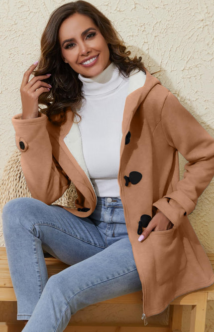 Khaki Gihuo Women's Sherpa Lined Jacket, front view on model