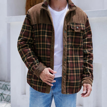Coffee Gihuo Men's Sherpa Lined Plaid Jacket, front view on model