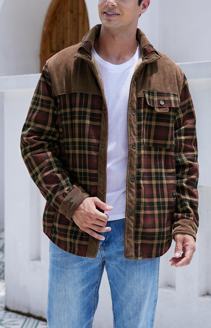 Coffee Gihuo Men's Sherpa Lined Plaid Jacket, front view on model