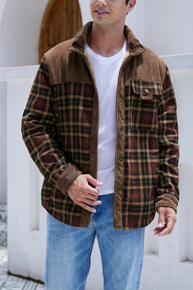 Coffee Gihuo Men's Sherpa Lined Plaid Jacket, front view on model