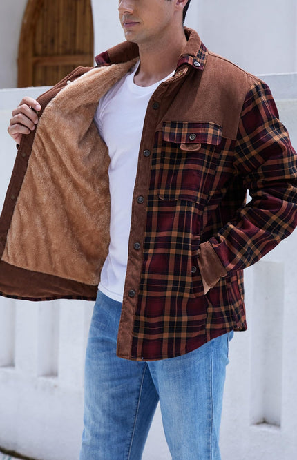 Coffee Gihuo Men's Sherpa Lined Plaid Jacket, lining view on model