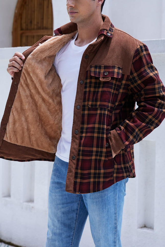 Coffee Gihuo Men's Sherpa Lined Plaid Jacket, lining view on model