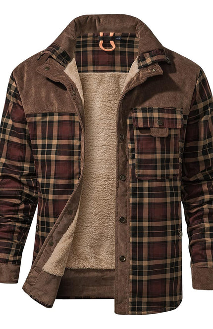 Coffee Gihuo Men's Sherpa Lined Plaid Jacket, front view, flat lay