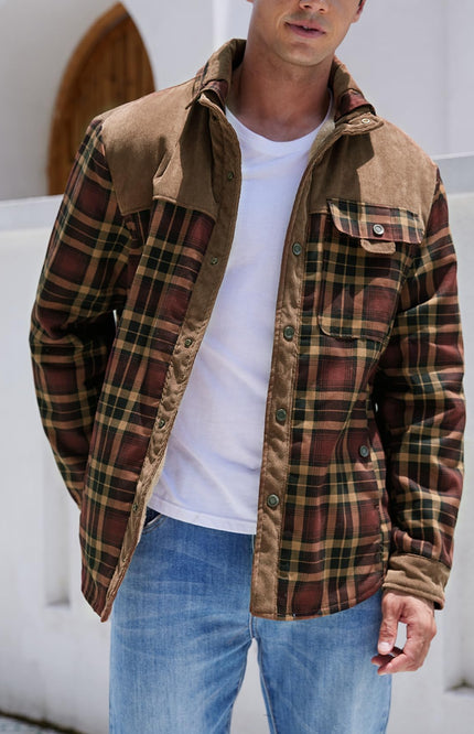 Coffee Gihuo Men's Sherpa Lined Plaid Jacket, front view on model, image 2
