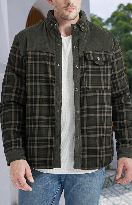 Dark Green Gihuo Men's Sherpa Lined Plaid Jacket, front view on model