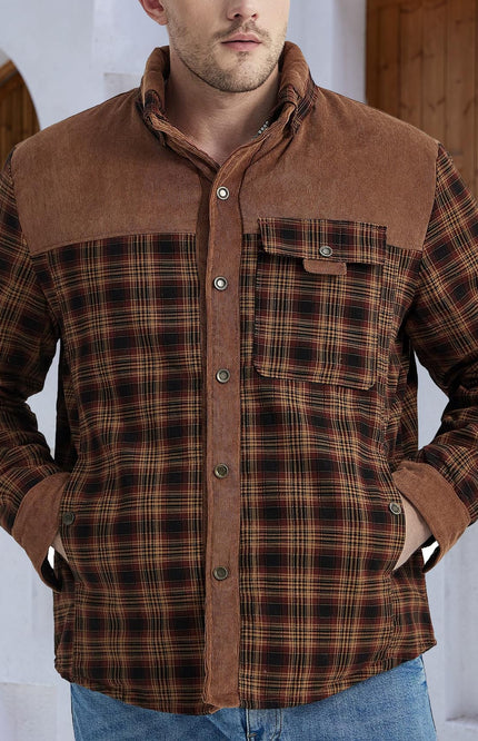Light Coffee Gihuo Men's Sherpa Lined Plaid Jacket, front view on model