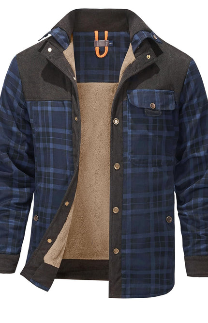 Navy Gihuo Men's Sherpa Lined Plaid Jacket, front view, flat lay