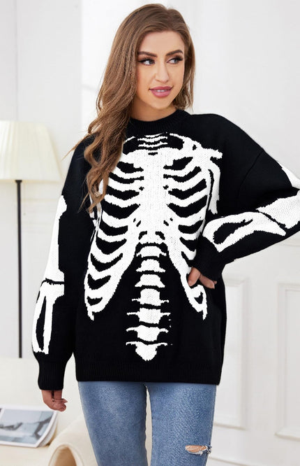 Black Gihuo Unisex Skeleton Graphic Oversized Sweater, front view on model, image 2