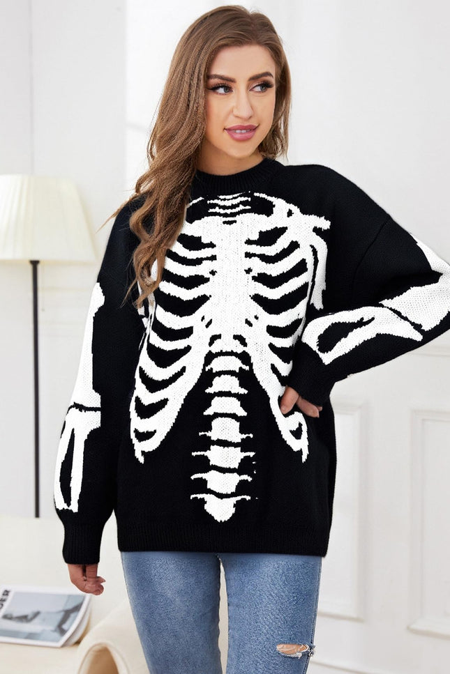 Black Gihuo Unisex Skeleton Graphic Oversized Sweater, front view on model, image 2