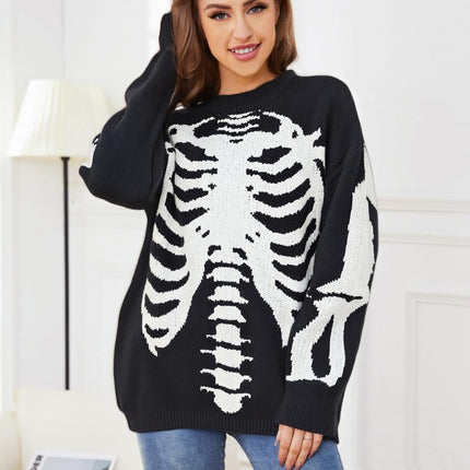 Black Gihuo Unisex Skeleton Graphic Oversized Sweater, front view on model