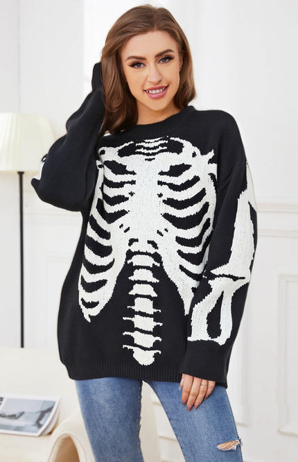 Black Gihuo Unisex Skeleton Graphic Oversized Sweater, front view on model