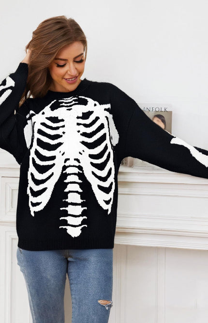 Black Gihuo Unisex Skeleton Graphic Oversized Sweater, front view on model, image 3